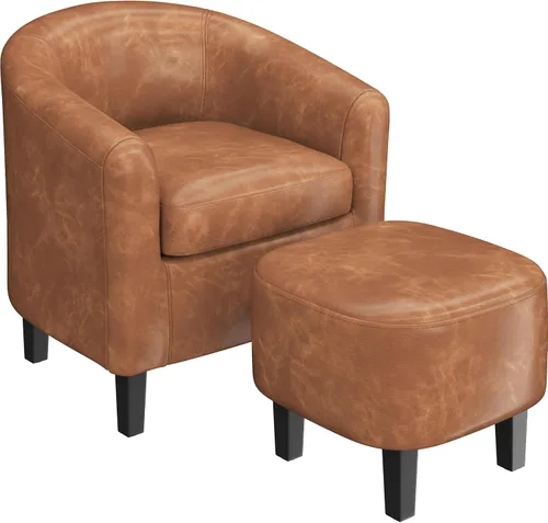 Miniatura 16 de Yaheetech Silla de barril de piel sintética, moderna silla de acento con patas resistentes de madera, silla de club de piel sintética, cómoda silla