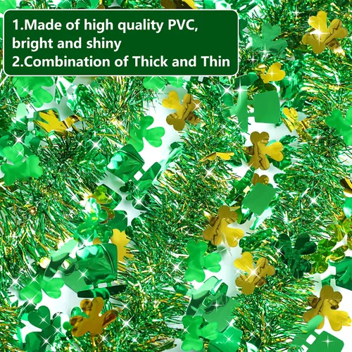 Miniatura 2 de Guirnalda decorativa de 33 pies para el día de San Patricio, guirnalda de oropel con sombrero de trébol verde dorado, guirnalda metálica brillante