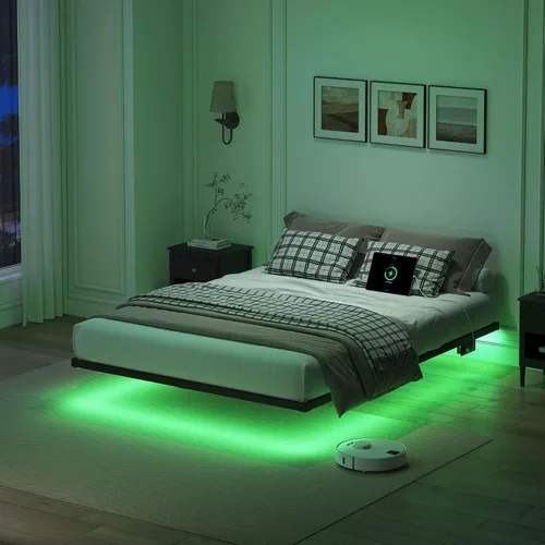Miniatura 11 de YORMDMO Base de cama flotante tamaño individual, marco de cama resistente con luces LED inteligentes y estación de carga, cama moderna de plataforma