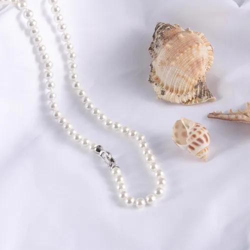 Miniatura 5 de Collar de perlas de concha para mujer con perlas cultivadas redondas blancas de agua dulce de calidad AAA+, cierre de plata de ley 925 chapado