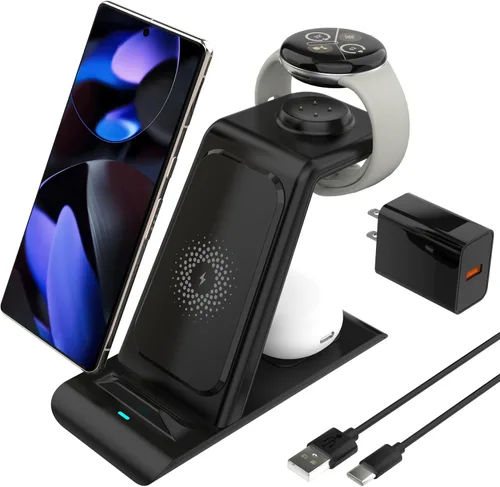 Estación de carga inalámbrica 3 en 1 para cargador Google Pixel Watch 3/2, 10/10 Pro/10 Pro XL/9/9 Pro/9 Pro XL/8/7, Buds Pro 2, estación de carga