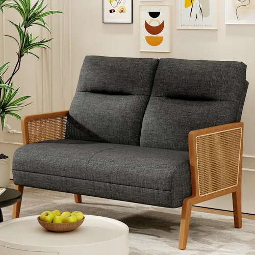 Miniatura 8 de Love Seat - Sofá pequeño tapizado con reposabrazos de ratán natural, respaldo, sofá biplaza para sala de estar, dormitorio, color beige