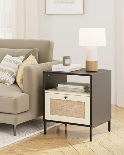 Miniatura 7 de Mesita de noche de ratán, mesa auxiliar grande y moderna de madera estilo bohemio con cajón de almacenamiento y estante abierto, mesa auxiliar Negro