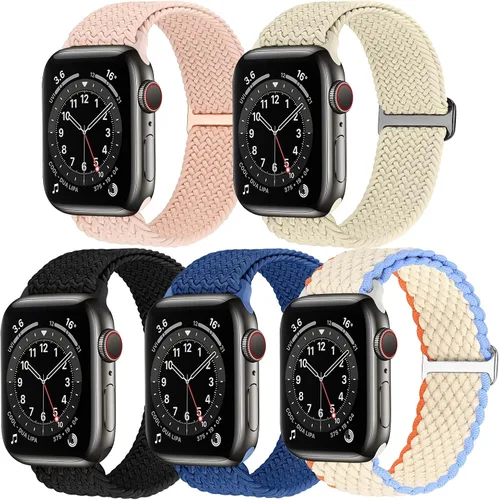 Miniatura 7 de Paquete de 5 correas ajustables compatibles con Apple Watch de 1.496 in 1.575 in 1.614 in 1.654 in 1.732 in 1.772 in 1.929 in, nailon trenzado Solo