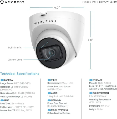 Miniatura 6 de Amcrest Sistema de cámara de seguridad POE de 5MP al aire libre, 8CH POE NVR, 4pcs 5MP cámaras de torreta, IP67 cámaras IP de torreta de metal