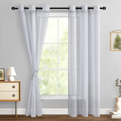 Miniatura 33 de Hiasan - Cortinas traslúcidas de gasa cortas semitransparentes con ojales y alzapaños filtrantes de luz para ventana, dormitorio, baño, 2 paneles