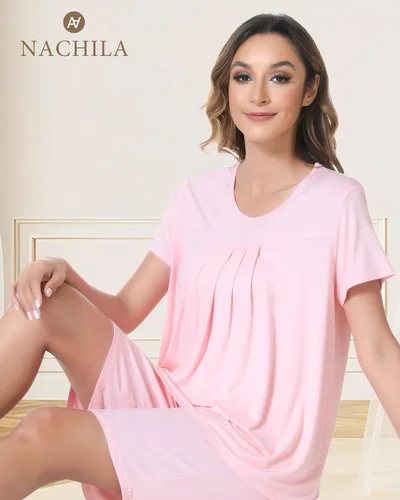 Miniatura 6 de NACHILA Pijama para mujer de viscosa hecha de bambú, conjunto de pijama de manga corta con cuello redondo, pijama plisado, parte superior suave