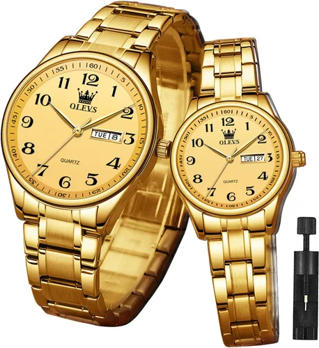Miniatura 23 de OLEVS Juego de 2 relojes de cuarzo para parejas de San Valentín, calendario luminoso, ventana de fecha, 3 ATM, impermeable, casual, acero