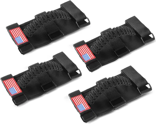 Savadicar Paquete de 4 Asas de Agarre de Barra Enrollable Compatible con 1955-2023 Jeep Wrangler CJ YJ TJ JK JL 4XE & Gladiator JT, Soporte de Negro