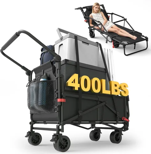 Miniatura 16 de LEVELEVE Vagón Plegable de Servicio Pesado - Carrito Plegable 2 en 1, Capacidad de 400 libras, Ruedas Todo Terreno con Frenos y Bolsillos Laterales