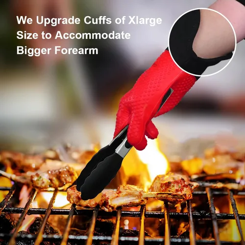 Miniatura 2 de GEEKHOM Guantes de Barbacoa Resistentes al Calor Manoplas de Horno - Guantes de Silicona para Parrilla con Protección de Brazo Largo de 14" - Rojo