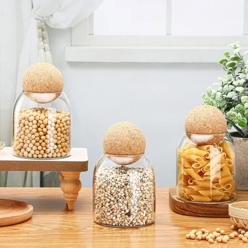 Miniatura 4 de 3 piezas de tarro de vidrio con tapa de corcho esférica decorativa, botella redonda, recipiente sellado, organizador de almacenamiento con sello