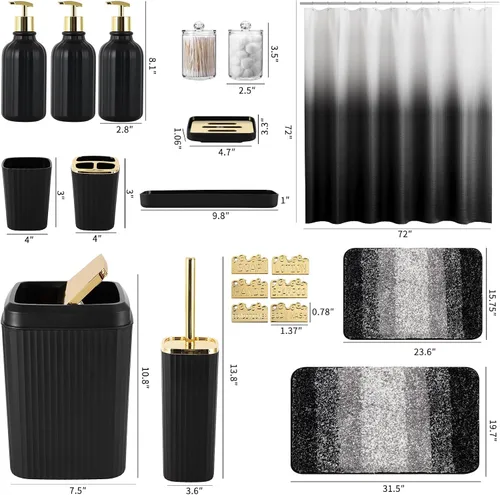 Miniatura 7 de 21PCS Bathroom Sets with Shower Curtain and Rugs Bathroom Accessories Set Beige Bathroom Set Complete with Trash Can, Toilet Brush, Qtip Holder &