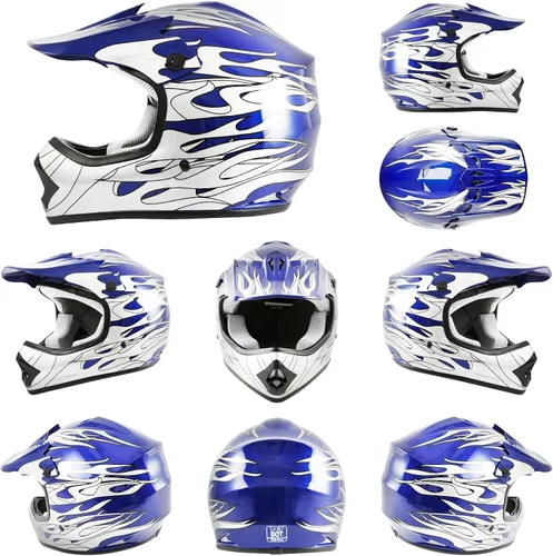 Miniatura 7 de TCT-MOTORPARTS - Casco para niños o jóvenes con lentes y guantes, aprobado por el DOT, para motocross, modelo de llama azul, para cuatrimoto y fuera
