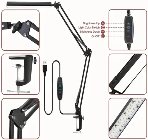 Miniatura 7 de Lámpara de escritorio LED con 3 modos de cuidado de los ojos, 10 brillo; lámpara flexible larga y ajustable con brazo oscilante para trabajadores