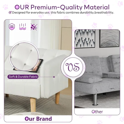 Miniatura 8 de TYBOATLE Sofá Cama Futon Plegable Convertible Tapizado en Cuero Sintético Blanco Moderno con USB, Sofá de 65", Muebles Sillones de Dos Plazas