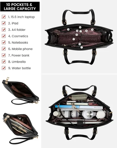 Miniatura 4 de LOVEVOOK Bolsa de computadora portátil para mujer, bolsa de computadora de moda de gran capacidad, juego de bolso de hombro de cuero, maletín