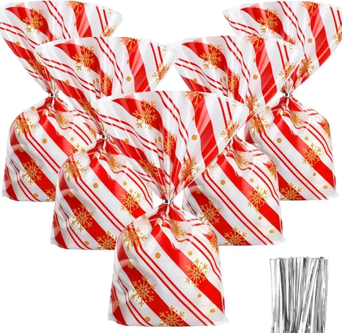 Miniatura 9 de Outus 100 piezas de bolsas de regalo de Navidad, bolsas de celofán con copos de nieve y Santa Claus, recipientes planos de plástico de celofán