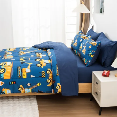 Miniatura 3 de NTBED Juego de edredón individual de 5 piezas con diseño de camión de construcción para niños varones, cama en una bolsa, vehículos excavadora, Azul