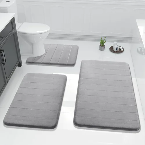 Yimobra Juego de 3 tapetes de baño de espuma viscoelástica con alfombra de inodoro en forma de U, antideslizantes, súper suaves, absorbentes, de Gris