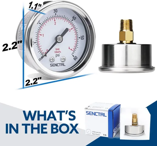 Miniatura 6 de SENCTRL Medidor de presión de 0-60 psi, dial de 2 pulgadas, montaje trasero 1/4 NPT, impermeable, caja de acero inoxidable, para bomba de filtro