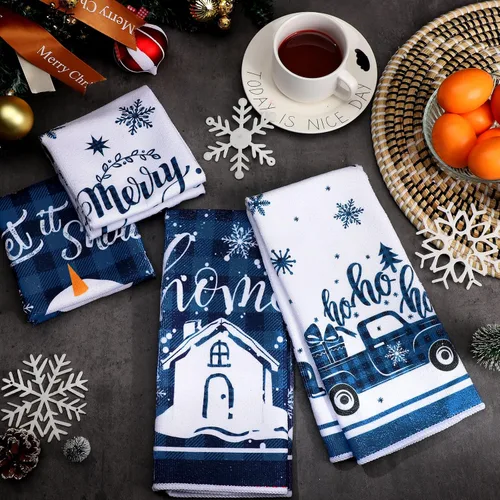 Miniatura 5 de Oudain Juego de 6 paños de cocina de Navidad, toalla de cocina de Navidad, búfalo azul, a cuadros, alce, muñeco de nieve, casa de nieve, camión