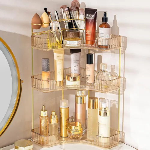 Miniatura 7 de NATURE'S SOURCE Organizador de maquillaje para tocador, organizador de baño de esquina de 2 niveles con soporte para brochas de maquillaje