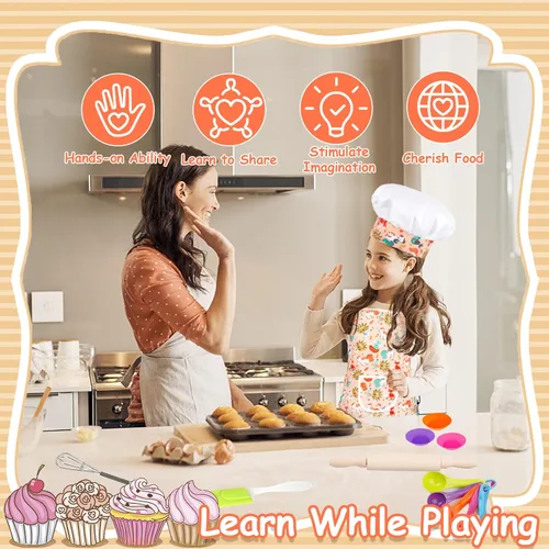 Miniatura 2 de KAEGREEL Juego de chef para hornear para niños con delantal de unicornio y manopla, 26 juguetes de cocina para niños, juego de cocina con sombrero