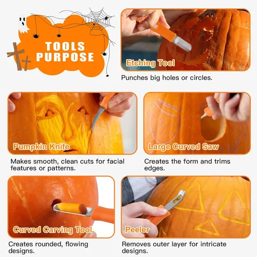 Miniatura 4 de Kit de tallado de calabaza, herramientas de Halloween, juego profesional de tallado de 10 piezas, acero inoxidable de doble cara, herramienta