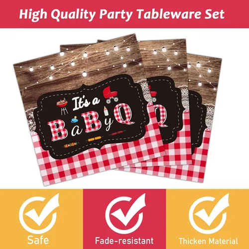 Miniatura 3 de Tevxj 96 piezas de platos de ducha de bebé para barbacoa, servilletas BabyQ Party Vajilla It's A Baby Q, platos de papel desechables, servilletas