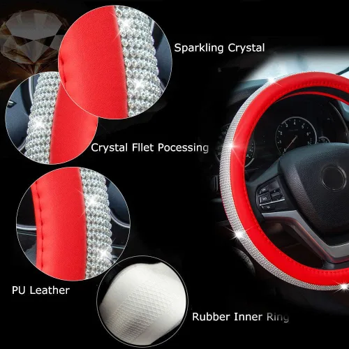 Miniatura 3 de Nueva funda para volante de cuero con diamantes de imitación con brillantes cristales de brillo, protector de rueda universal de auto de 15 pulgadas