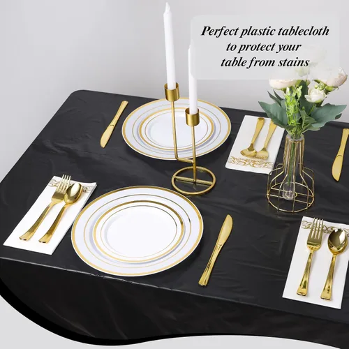 Miniatura 5 de Goodluck Rollos de mantel de plástico de 54 pulgadas x 100 pies con caja de corte, mantel desechable negro, mantel de plástico para fiesta