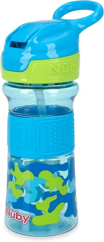 Nuby Thirsty Kids Flip-It - Vaso para beber sin derrames con boquilla suave, 12 onzas, más de 18 meses, color camuflaje aguamarina, esenciales para