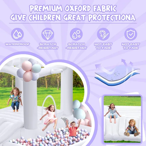 Miniatura 4 de FINCOME Casa inflable de rebote blanca, castillo inflable con doble tobogán de bolas de 370 W para niños pequeños, castillo inflable para interiores