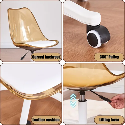Miniatura 4 de Silla de escritorio transparente, silla de oficina de acrílico sin brazos con ruedas, giratoria de 360° y silla de tocador de altura ajustable