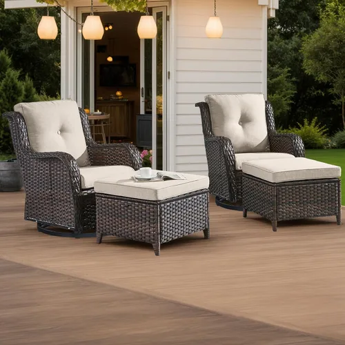Miniatura 92 de HUMMUH Sillas Mecedoras Giratorias de Mimbre para Patio Exterior con Respaldo Alto, Sillas Deslizantes de Ratán PE, Juego de Muebles de Patio de 4