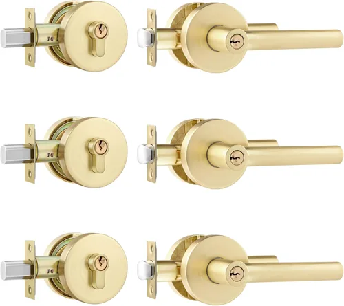 Miniatura 18 de Leydebong Paquete de 1 manija de puerta de entrada resistente dorada (para oficina y puerta delantera) reversible para lado derecho e izquierdo