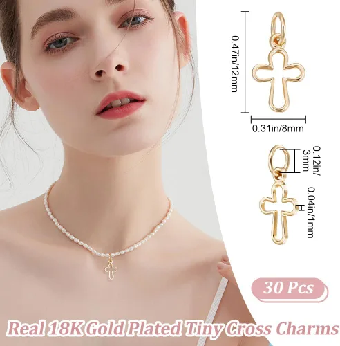 Miniatura 2 de Beebeecraft 1 caja de 30 dijes de cruz chapados en oro de 18 quilates con anillo de salto para hacer joyas, collares, pulseras, manualidades