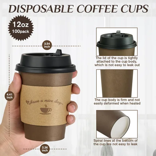 Miniatura 2 de LITOPAK Paquete de 100 tazas de café de papel de 12 onzas con tapas, fundas y palitos de agitación para café, agua o jugo, tazas de papel 12 oz