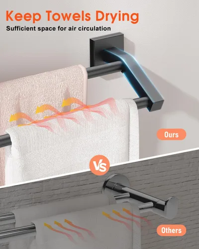 Miniatura 5 de Alise Toallero doble de baño, toallero para baño, lavabo de baño, acero inoxidable SUS304 de 24 pulgadas, soporte de pared, color negro mate