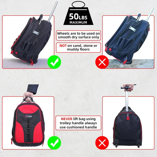 Miniatura 3 de Mochila con ruedas con ruedas, organizador de herramientas profesional de comerciante resistente con 37 bolsillos e interior grande, resistente al