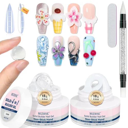 Miniatura 11 de MIZHSE 2PCS 3D Gel Nail Art Clear Sculpting Gel, 5 in 1 Clear Non-Sticky Sculpture Molding Solid Builder Gels for Nails with Chrome Nail Powder Kit