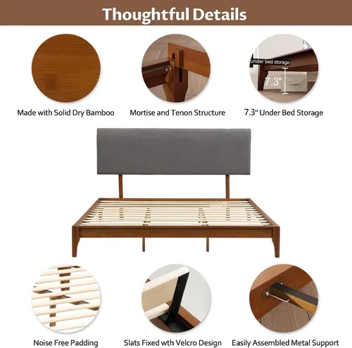 Miniatura 4 de Harper & Bright Designs Marco de cama de plataforma de bambú de tamaño matrimonial, cama de plataforma de madera de bajo perfil con cabecero, sin