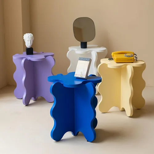 Miniatura 7 de HM&DX Mini mesa de centro de pétalos, mesa auxiliar de madera maciza con ondas de dibujos animados con patas en forma de X, mesas auxiliares
