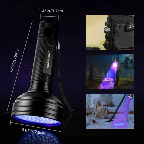 Miniatura 4 de Linterna UV de luz negra, 100 LED (390 nm), detector portátil de orina de mascotas para orina de perro/gato, manchas secas, chinches, batería