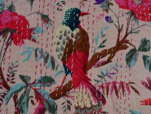 YUVANCRAFTS Edredón Kantha con estampado de pájaros