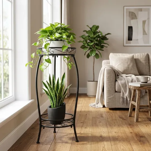 Miniatura 2 de Soporte para plantas para interiores y exteriores de 27.1 pulgadas, soporte de metal alto de 2 niveles para plantas, estante de esquina resistente a
