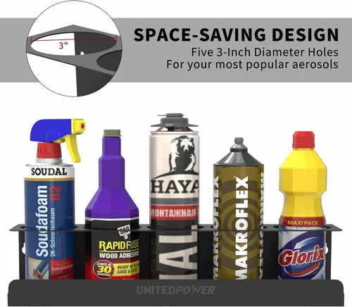 Miniatura 3 de UNITEDPOWER Soporte para 5 latas de aerosol, estante de almacenamiento de botellas de pintura, estante de montaje en pared de acero, organizador