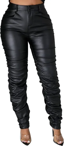 Miniatura 5 de hibshaby Sexy Club - Pantalones de piel sintética para mujer, cintura alta, fruncidos, apilados
