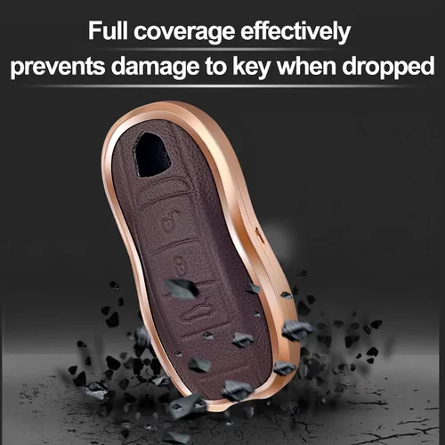 Miniatura 3 de Funda de piel marrón y aluminio compatible con Porsche Macan Cayenne Panamera 911 con 3 botones sin llave (llave antigua)